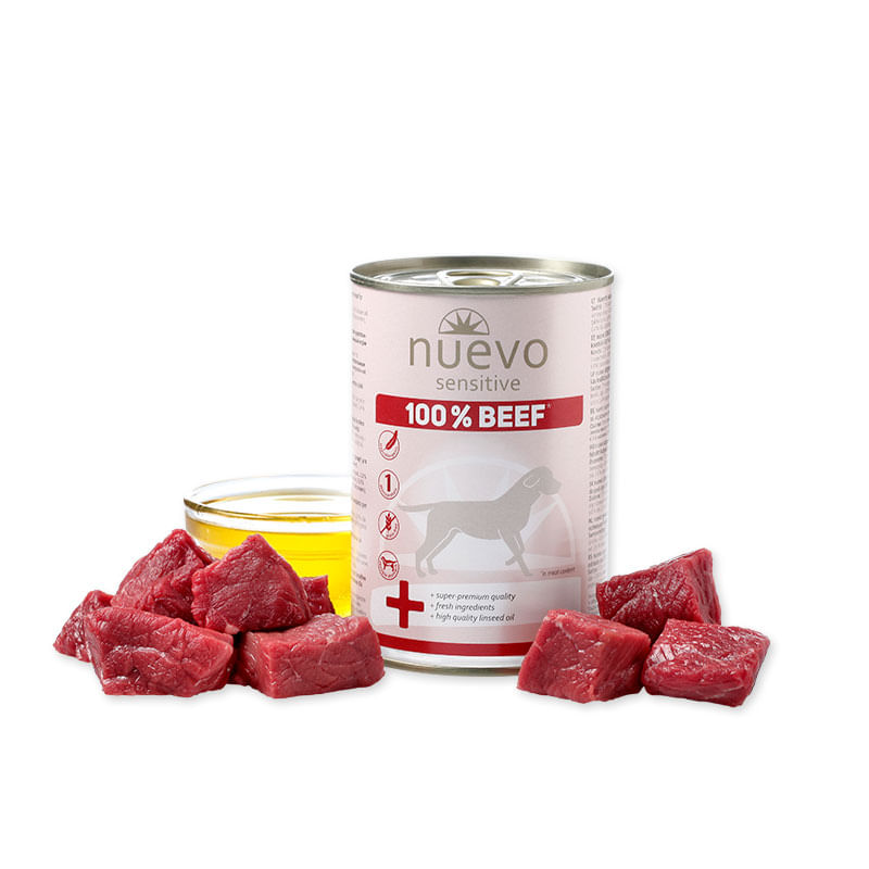NUEVO Sensitive 100% Beef, XS-XL, Vită, conservă hrană umedă monoproteică fără cereale câini, alergii, (în aspic), 400g - poza 2