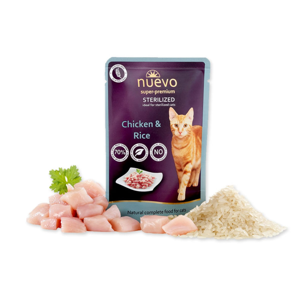 NUEVO Sterilized, Pui și Orez, hrană umedă pisici sterilizate, (pate) NUEVO Sterilized, Pui și Orez, plic hrană umedă pisici sterilizate, (pate), 85g - poza 1
