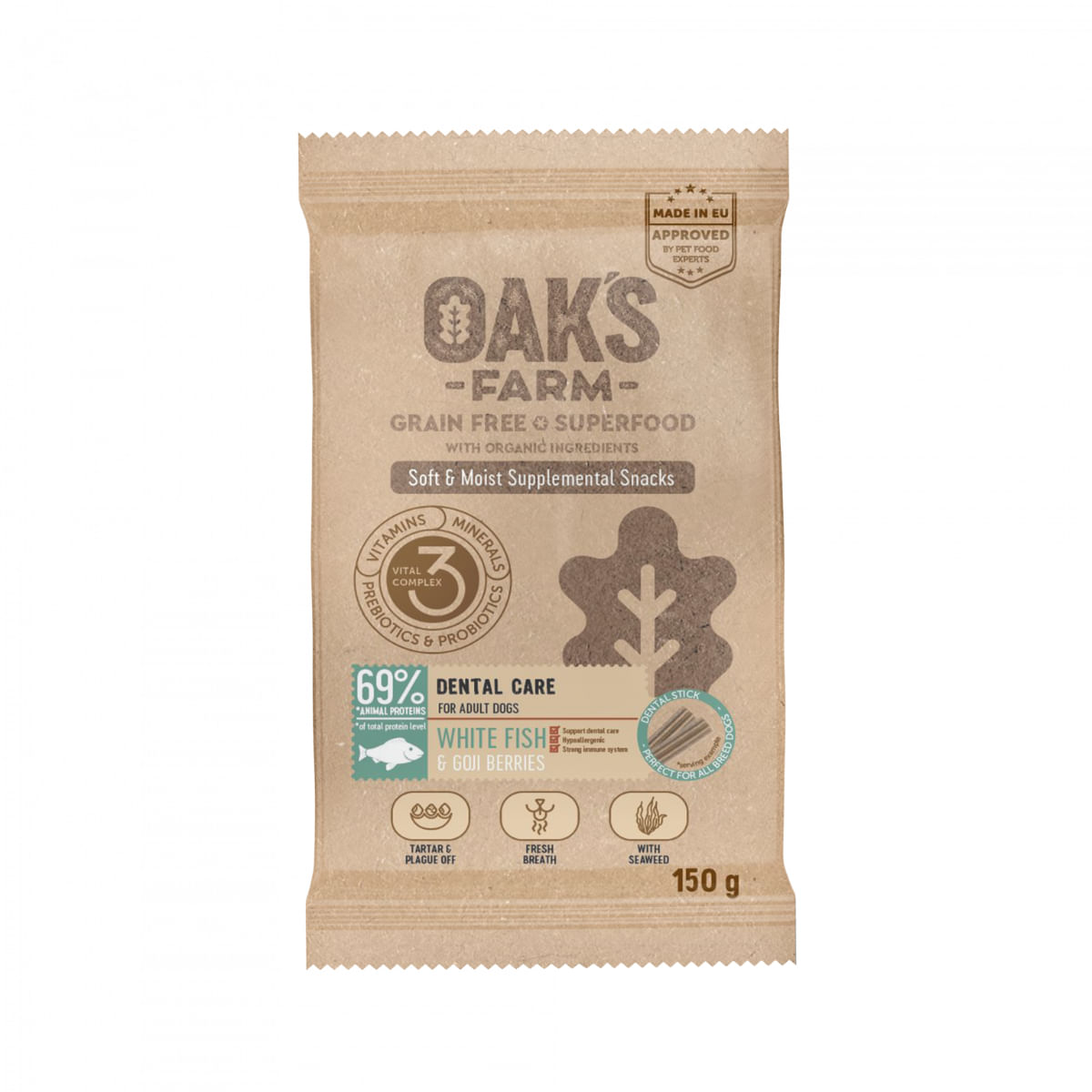 OAK'S FARM Dental Care, Pește alb, punguță recompense funcționale fără cereale câini, sensibilități dentare, 150g - poza 2