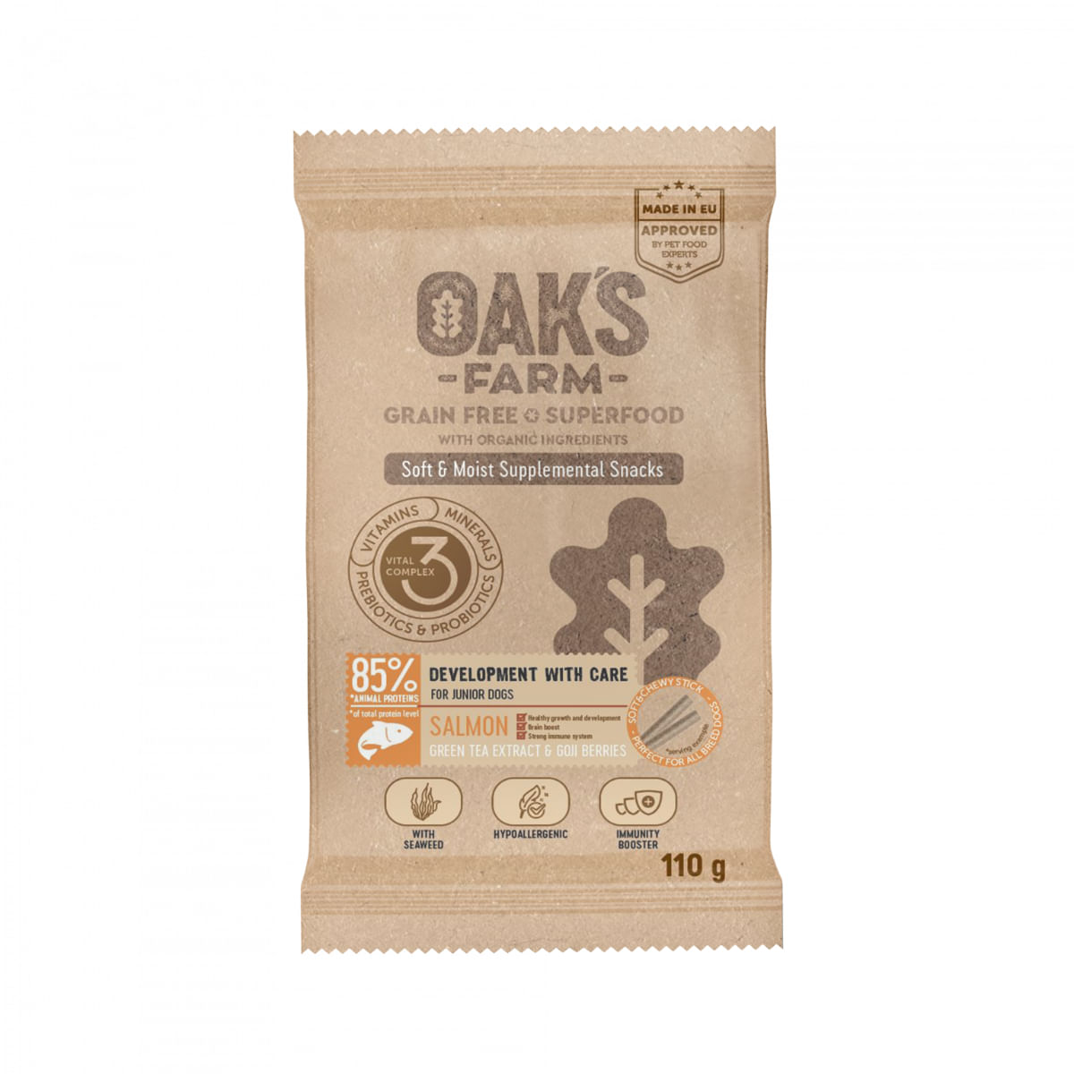 OAK'S FARM Development with Care, Somon, punguță recompense funcționale fără cereale câini junior, 110g - poza 2