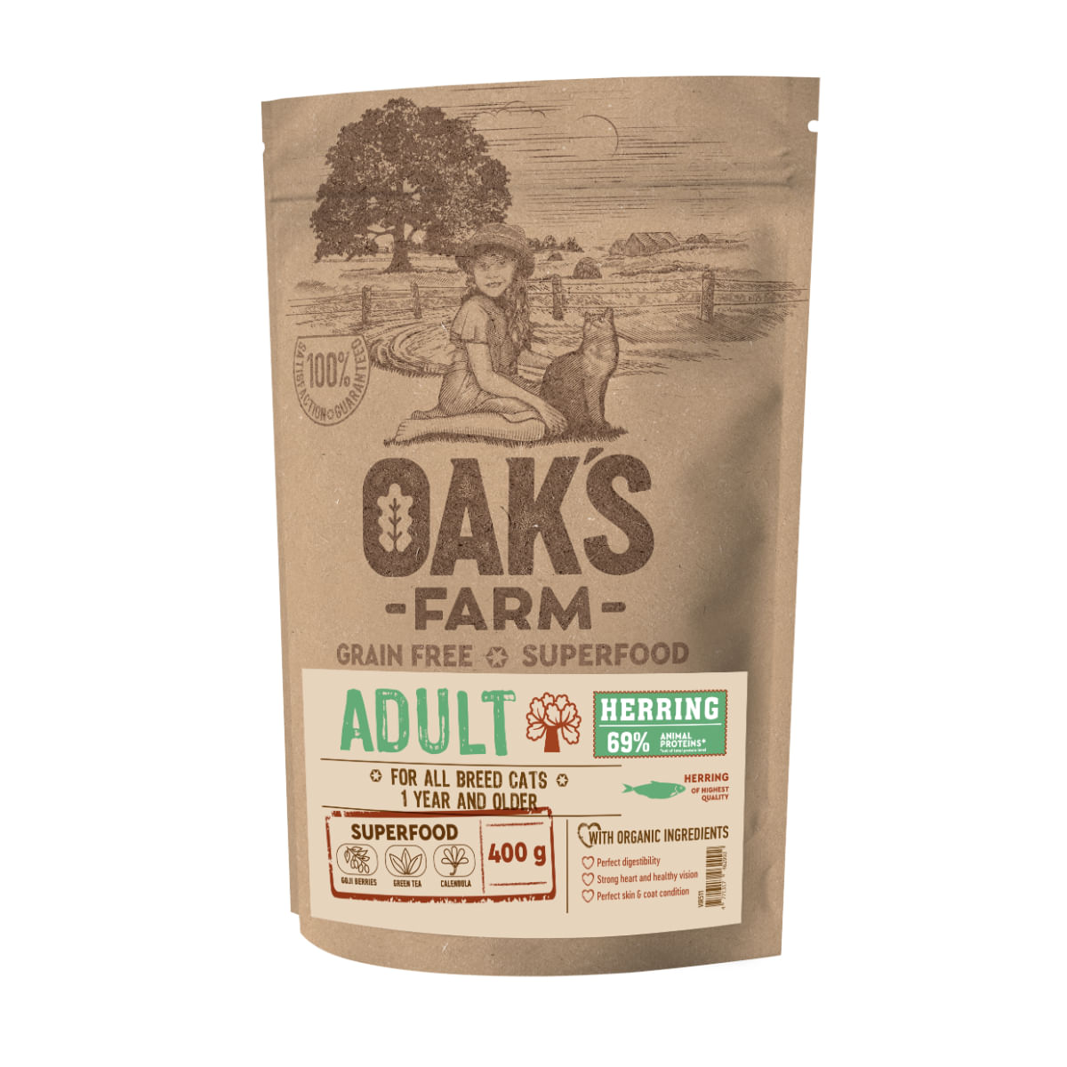 OAK'S FARM, Hering, hrană uscată fără cereale pisici, 400g