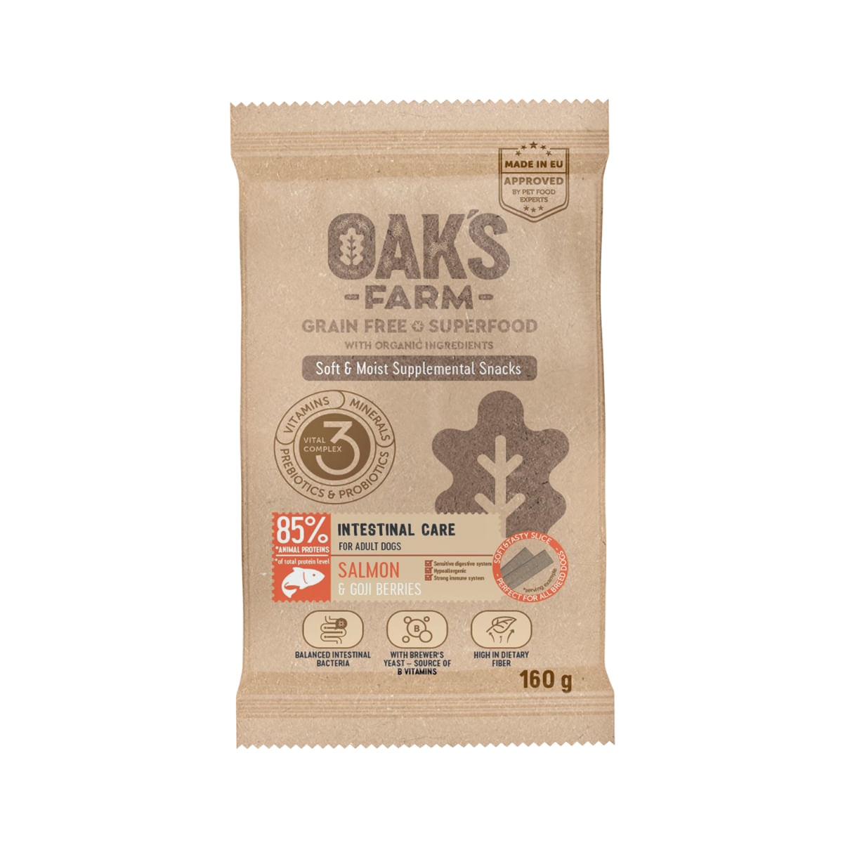 OAK'S FARM Intestinal Care, Somon, punguță recompense funcționale fără cereale câini, sistem digestiv, 160g - poza 2