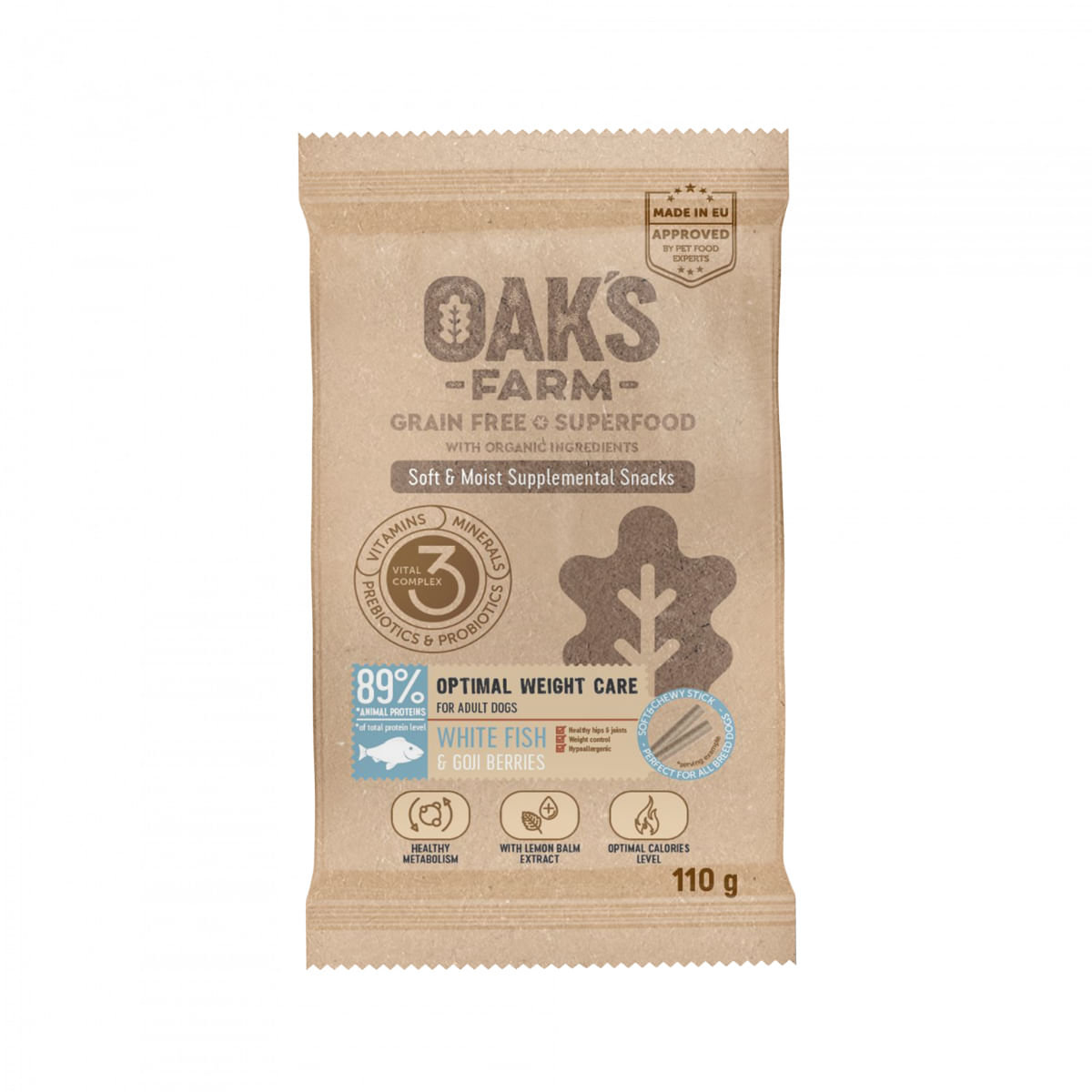 OAK'S FARM Optimal Weight Care, Pește alb, punguță recompense funcționale fără cereale câini, obezitate, 110g - poza 2