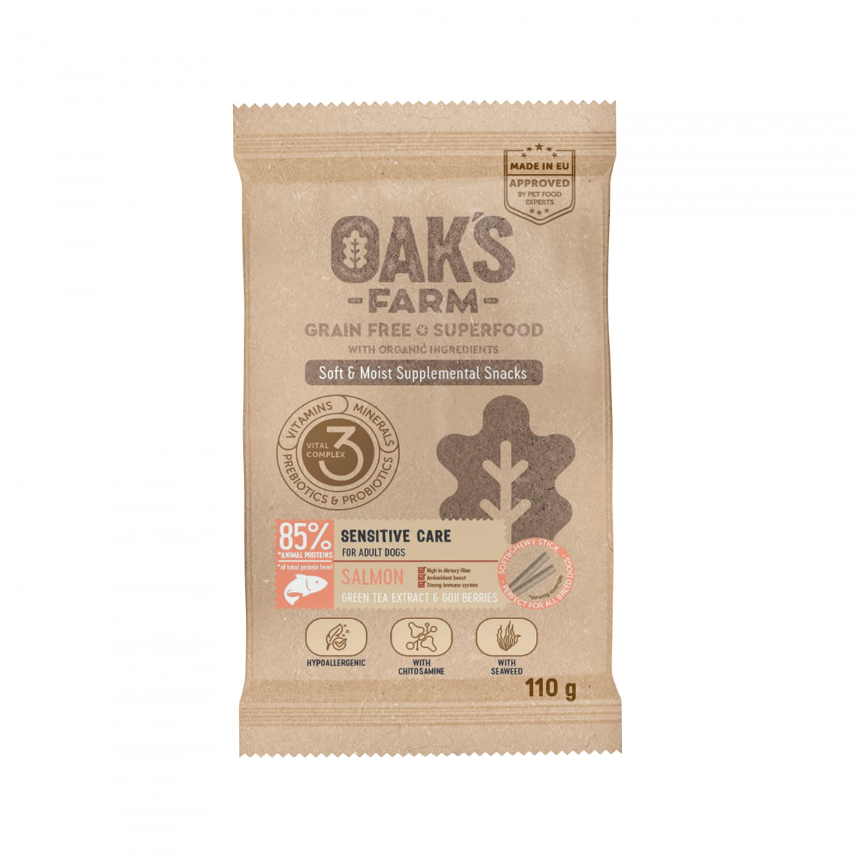 OAK'S FARM Sensitive Care, Somon, punguță recompense funcționale fără cereale câini, alergii, 110g - poza 1