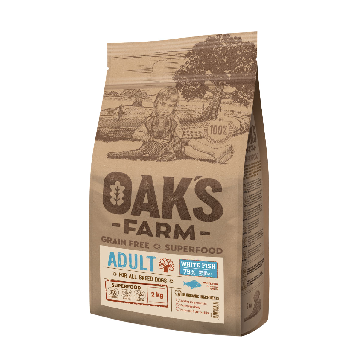 OAK'S FARM, XS-XL, Pește alb, hrană uscată fără cereale câini, 2kg
