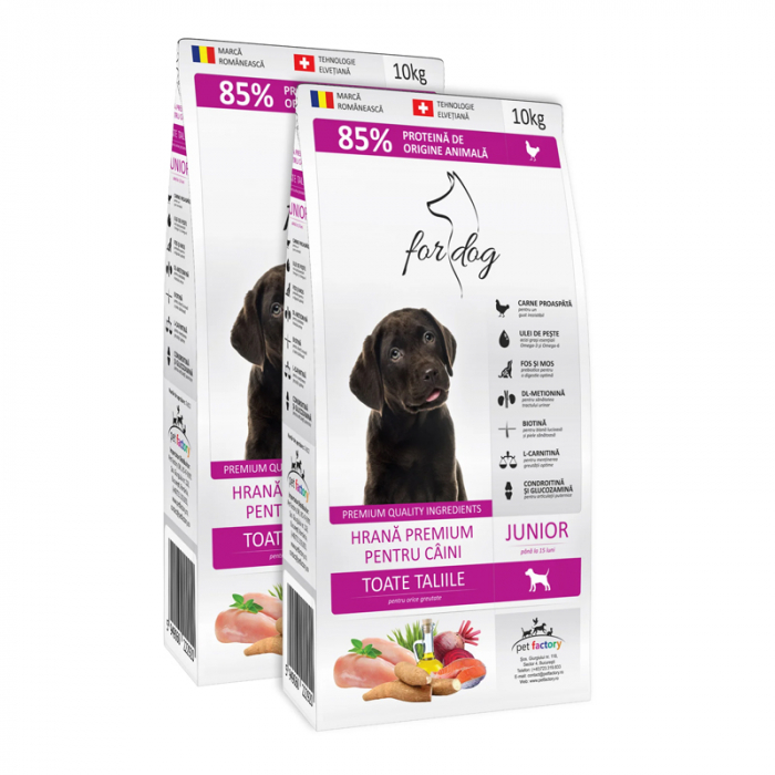 Oferta 2 saci x 10 kg Hrana uscata pentru caini For Dog Junior cu pui