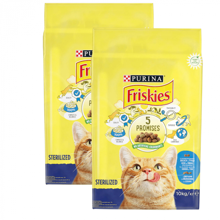 Oferta 2 saci x 10 kg Hrana uscata pentru pisici Friskies Sterilised cu somon legume