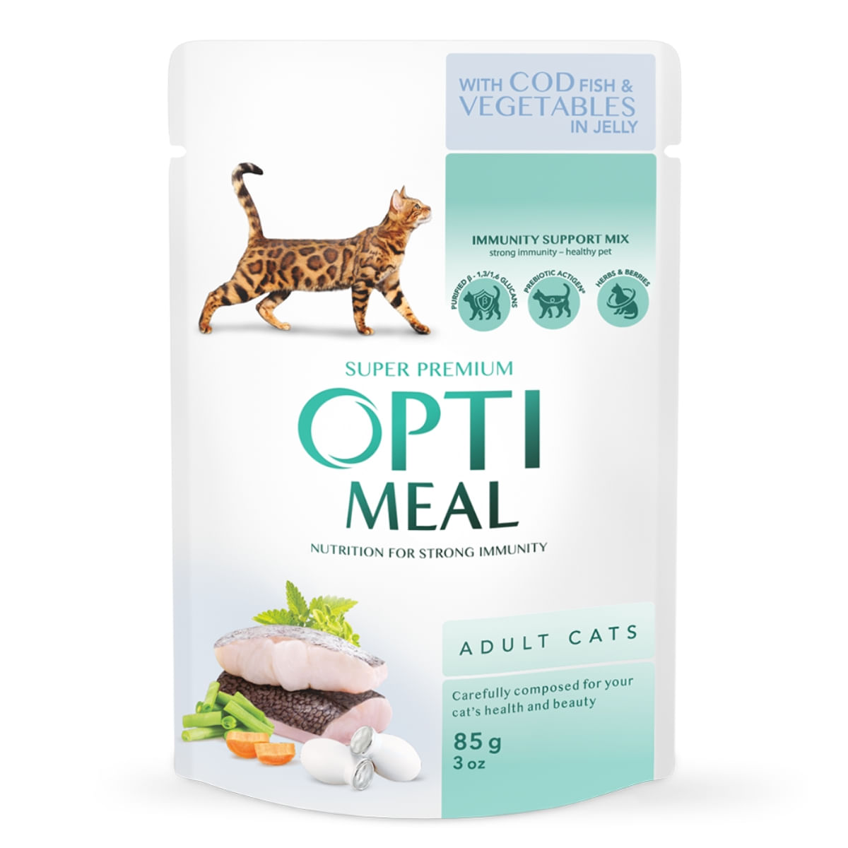 OPTIMEAL, Cod cu Legume, hrană umedă pisici, (în aspic) OPTIMEAL, Cod și Legume, plic hrană umedă pisici, (în aspic), 85g - poza 2