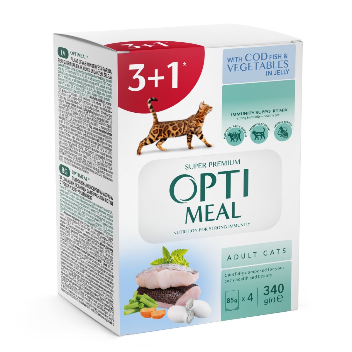 OPTIMEAL, Cod cu Legume, hrană umedă pisici, (în aspic) OPTIMEAL, Cod și Legume, plic hrană umedă pisici, (în aspic), bax, 85g x 4buc - poza 1