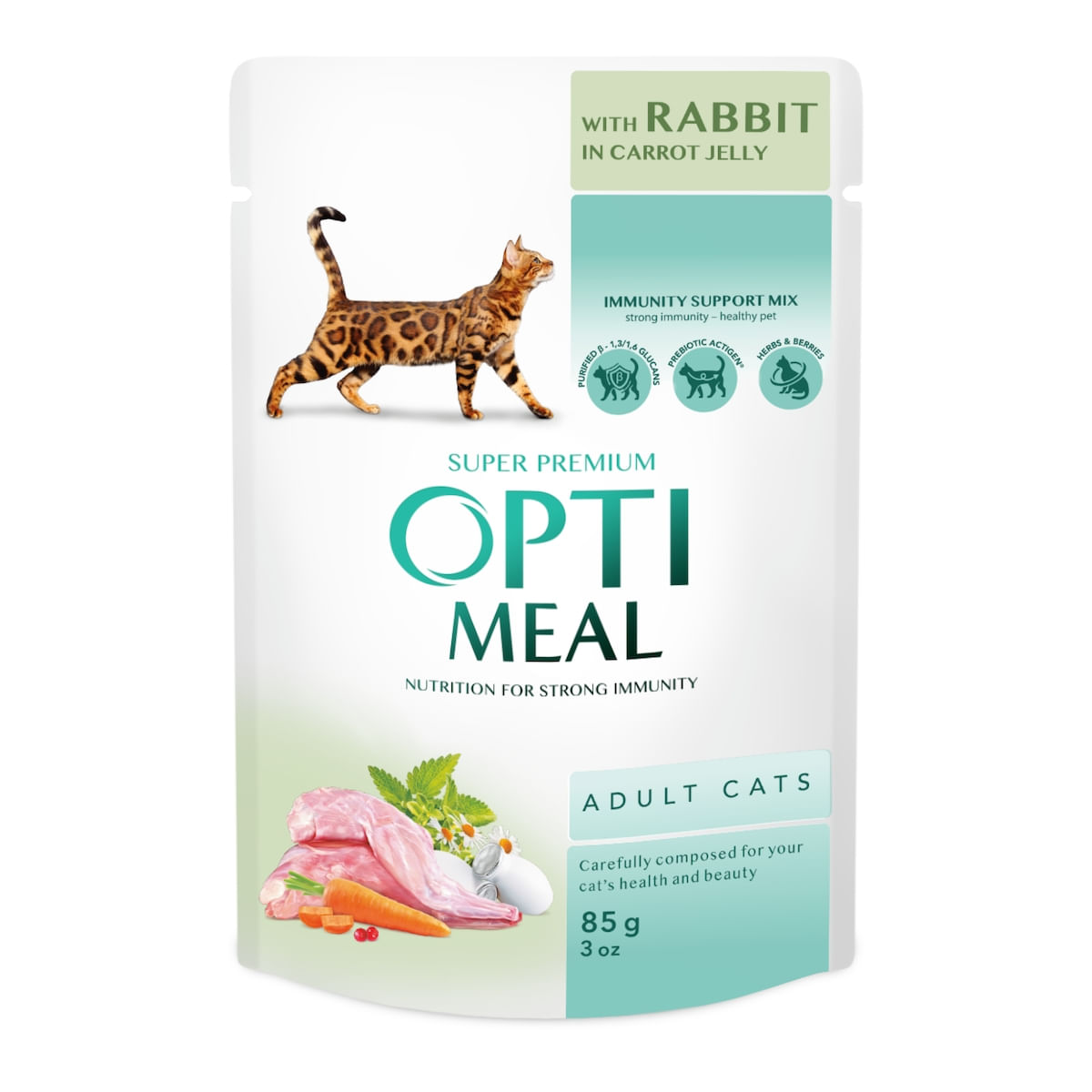 OPTIMEAL, Iepure și Morcov, plic hrană umedă pisici, piele & blană, (în aspic), 85g - poza 1
