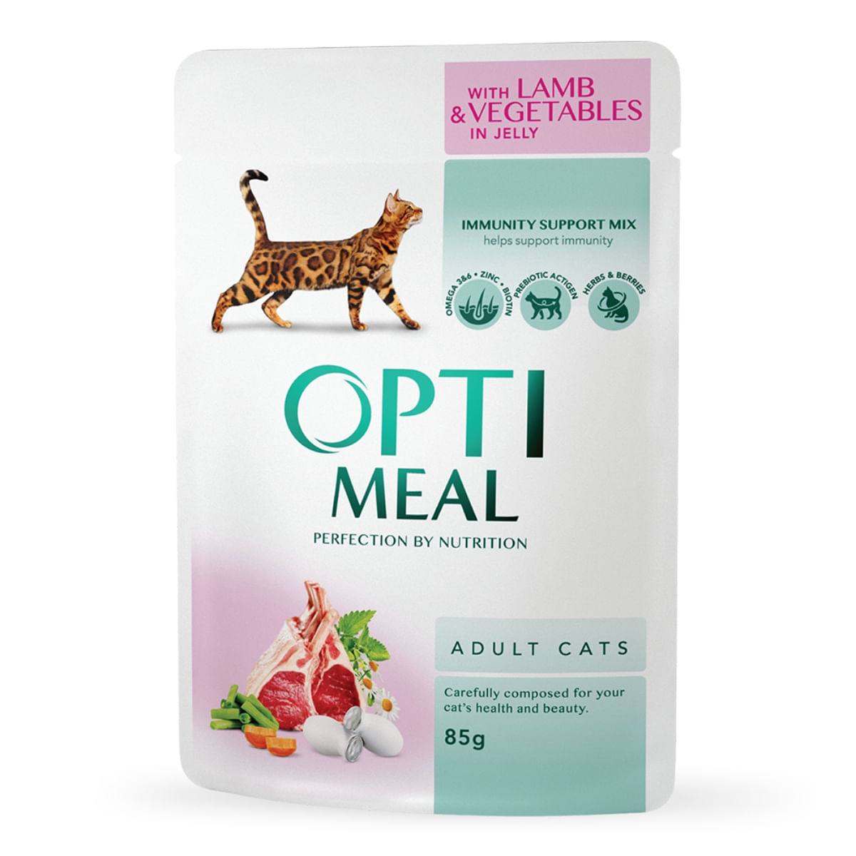 OPTIMEAL, Miel cu Legume, hrană umedă pisici, (în aspic) OPTIMEAL, Miel și Legume, plic hrană umedă pisici, (în aspic), 85g - poza 1
