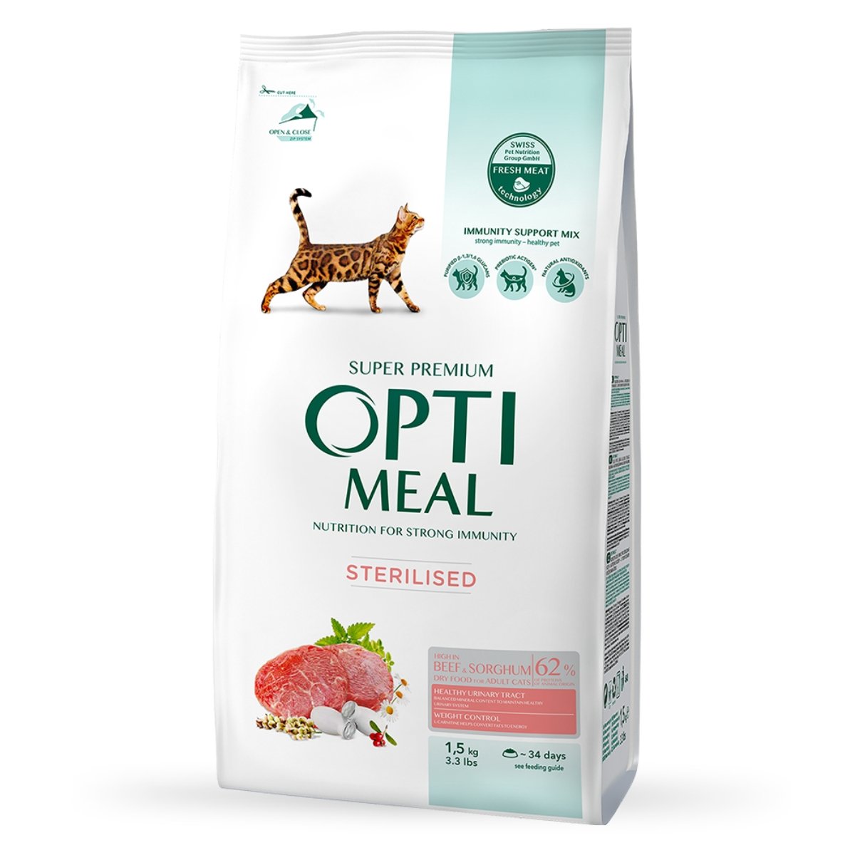 OPTIMEAL Sterilised, Vită cu Sorg, hrană uscată pisici sterilizate OPTIMEAL Sterilised, Vită, hrană uscată pisici sterilizate, 1.5kg - poza 1