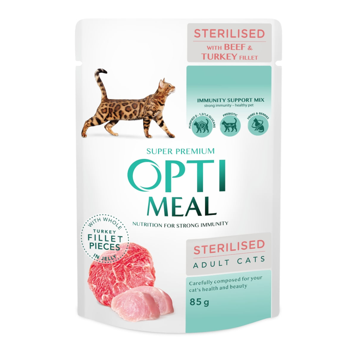 OPTIMEAL, Vită și Curcan, plic hrană umedă pisici sterilizate, (în aspic), 85g - poza 2
