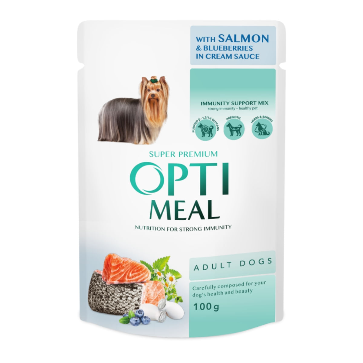 OPTIMEAL, XS-XL, Somon și afine, plic hrană umedă câini, (în sos), 100g OPTIMEAL, XS-XL, Somon și afine, plic hrană umedă câini, (în sos), bax, 100g x 12buc - poza 5