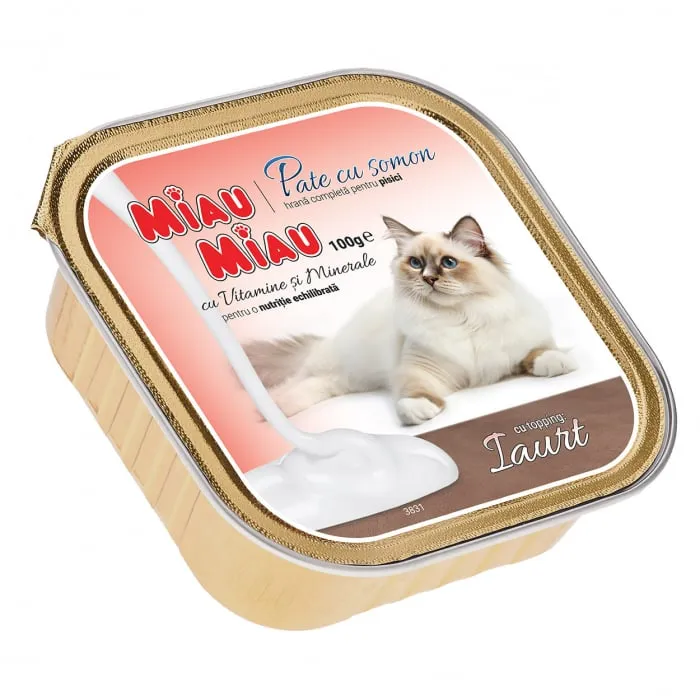 Pateu pentru pisici Miau Miau cu somon topping de iaurt 100 gr