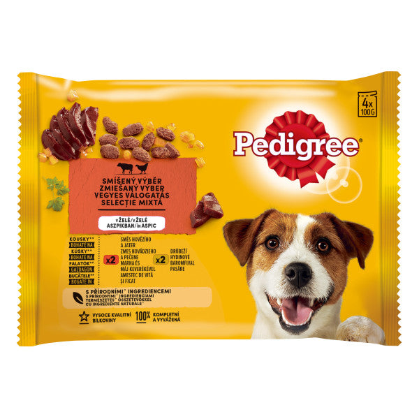 Pedigree hrana umeda pentru caini adulti, cu vita si pasare in aspic 4x100g