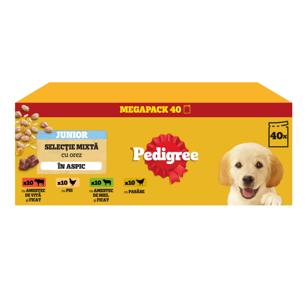 PEDIGREE Junior Selectie Mixta cu Orez, XS-XL, Pasăre și Vită, plic hrană umedă câini junior, (în aspic), megapack, 100g x 40buc