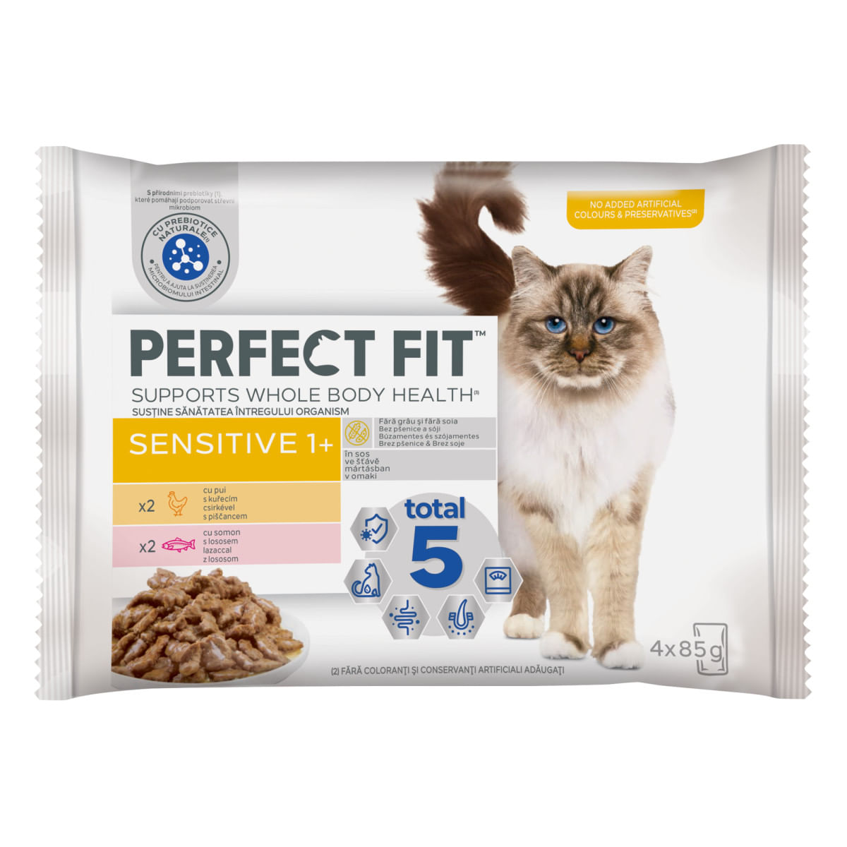 PERFECT FIT Cat Sensitive 1+ , Pui și Somon, plic hrană umedă pisici, sistem digestiv, (în sos), multipack, 85g x 4buc - poza 2