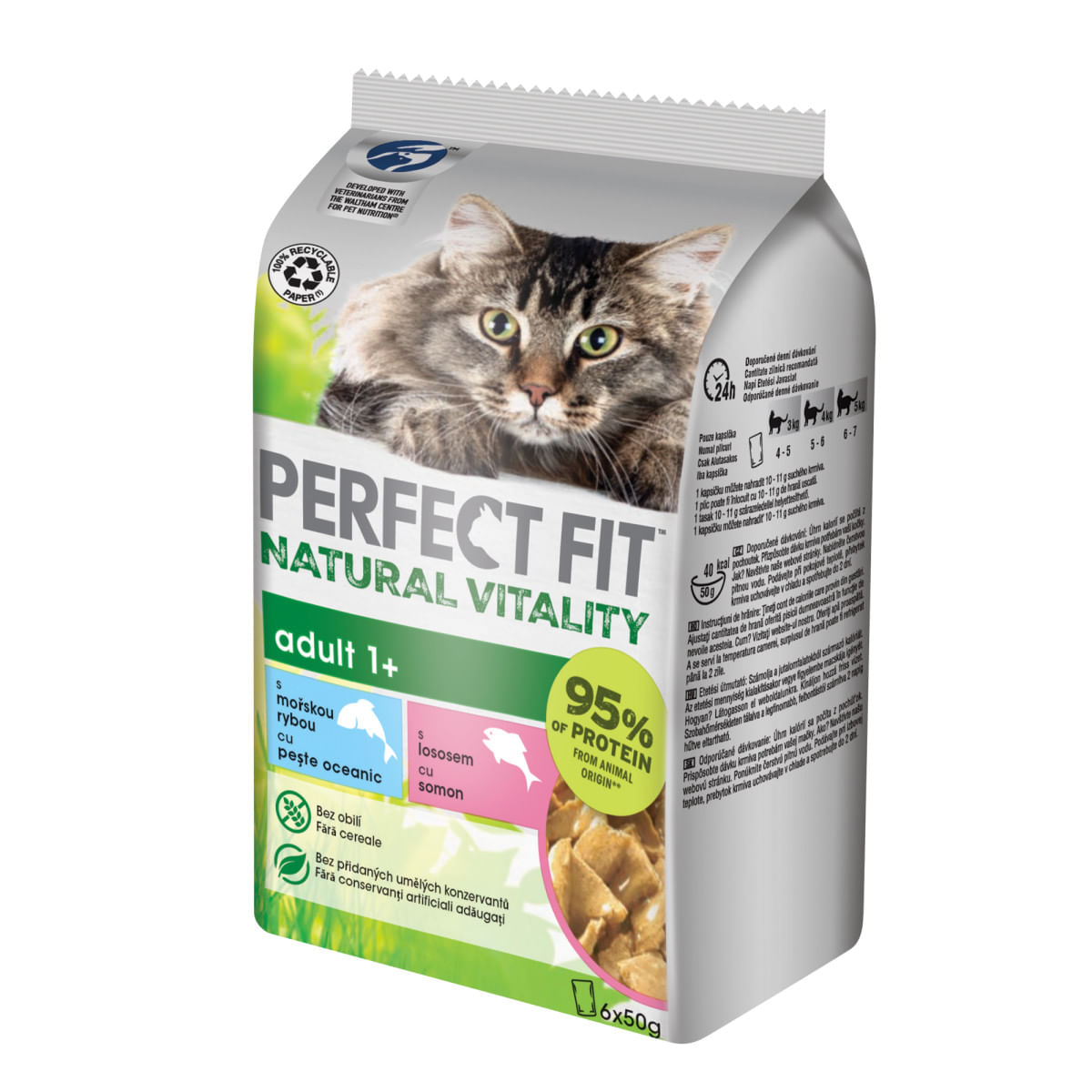 PERFECT FIT Natural Vitality, Somon și Pește, plic hrană umedă fără cereale pisici, (în sos), multipack, 50g x 6buc - poza 1