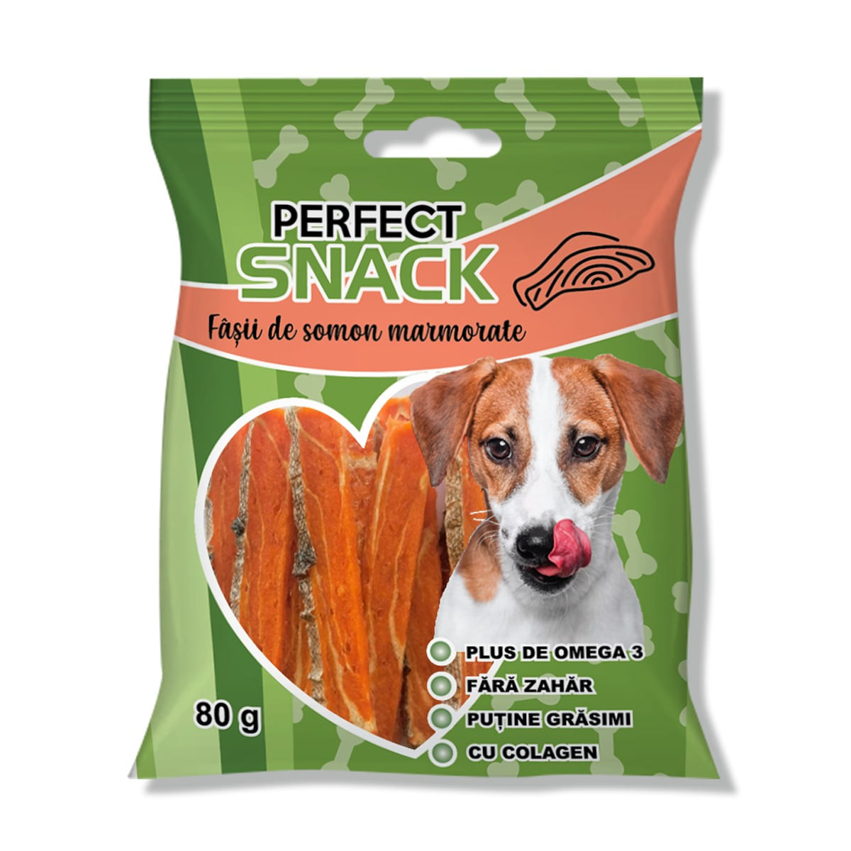 PERFECT SNACK Fâșii marmorate, XS-XL, Somon, punguță recompense câini, 80g - poza 1