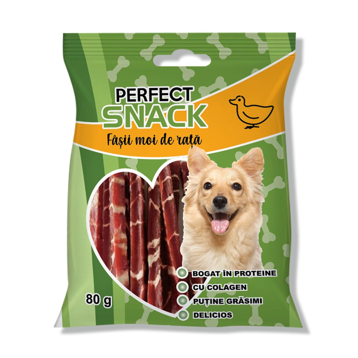 PERFECT SNACK Fâșii Moi, XS-XL, Rață, punguță recompense câini, 80g - poza 1