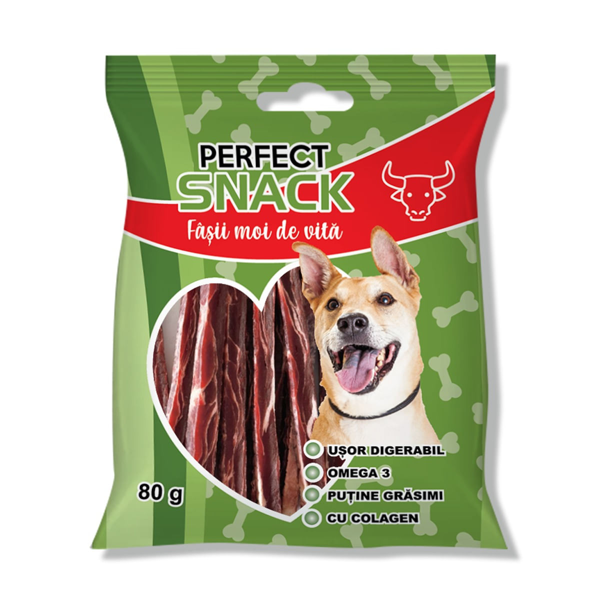 PERFECT SNACK Fâșii Moi, XS-XL, Vită, punguță recompense câini, 80g - poza 2