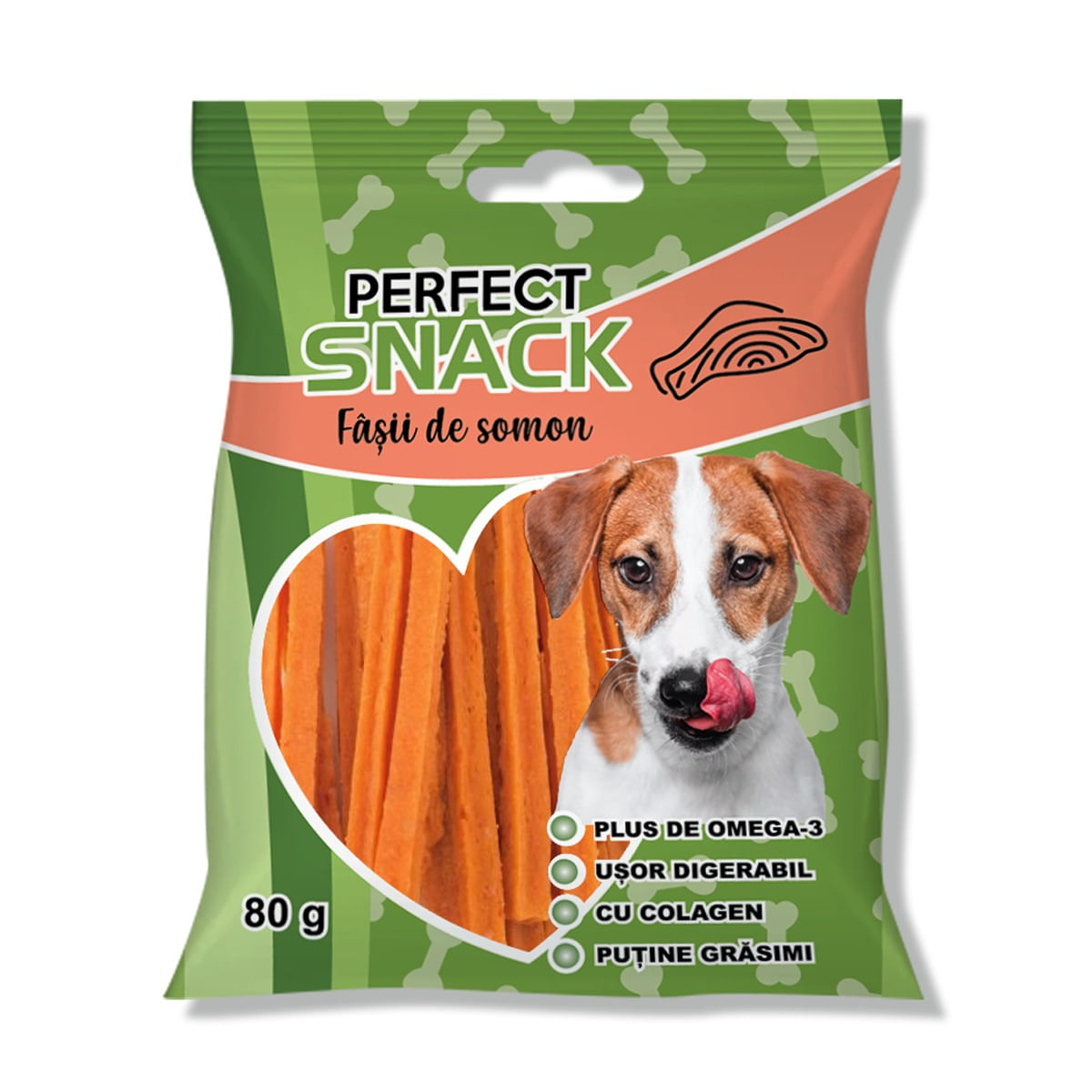 PERFECT SNACK Fâșii, XS-XL, Somon, punguță recompense câini, 80g - poza 2