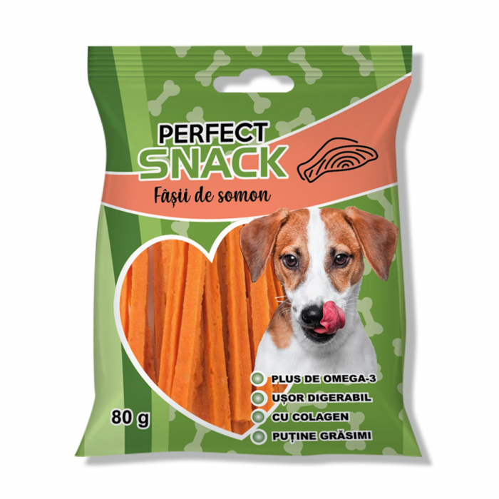 Perfect Snack, recompense delicioase pentru caini, Fasii de somon , 80 g