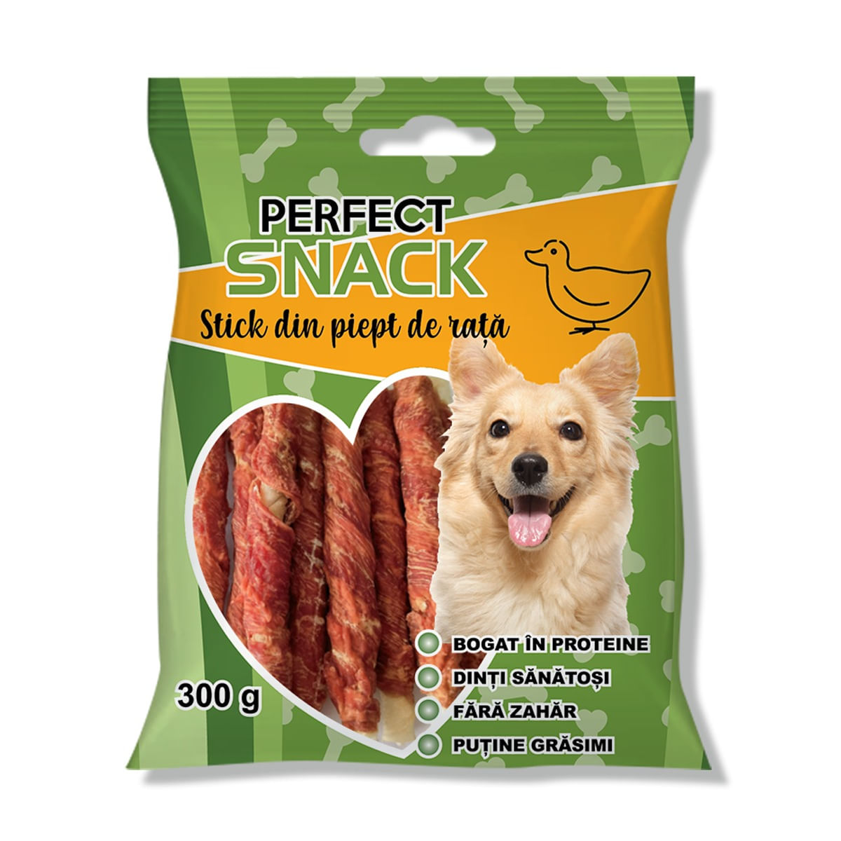 PERFECT SNACK Stick Piept, XS-XL, Rață, punguță recompense câini, 300g