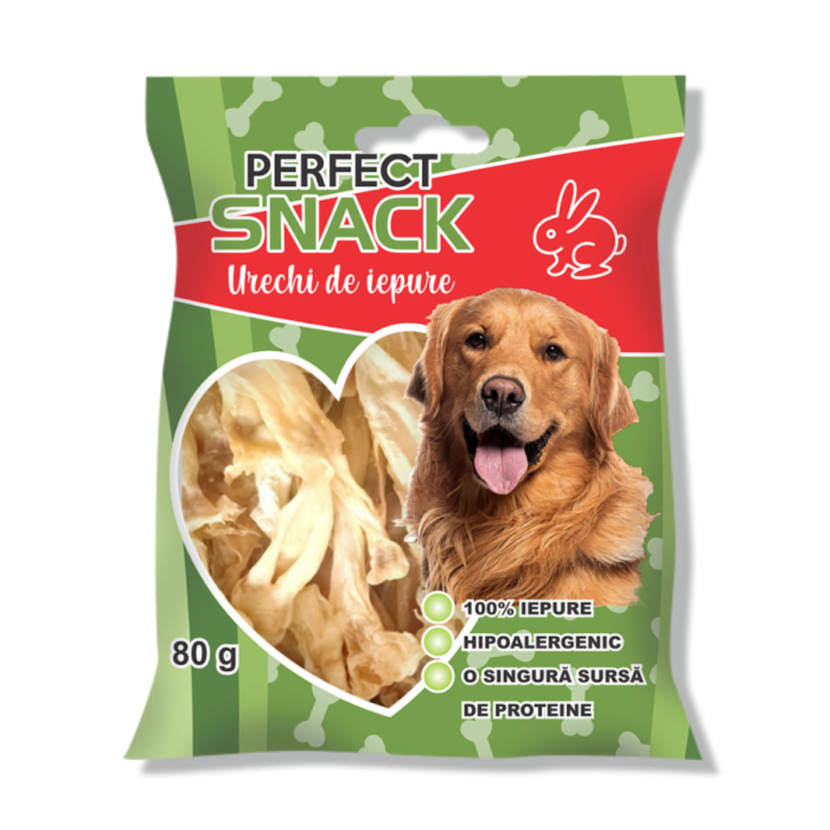 PERFECT SNACK Urechi de Iepure, XS-XL, Iepure, punguță recompense monoproteice fără cereale câini, 80g - poza 1