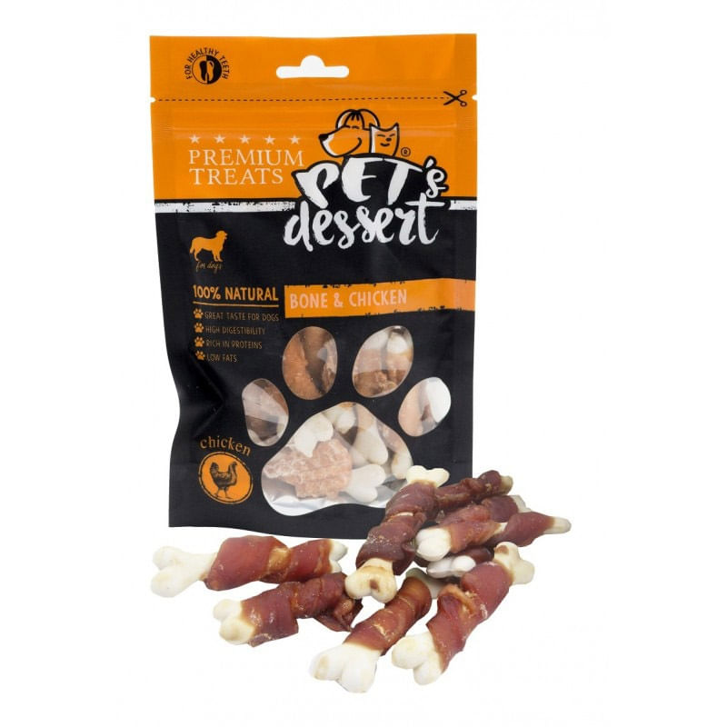 PET'S DESSERT Bone & Chicken, XS-XL, Pui, punguță recompense fără cereale câini, 500g - poza 1