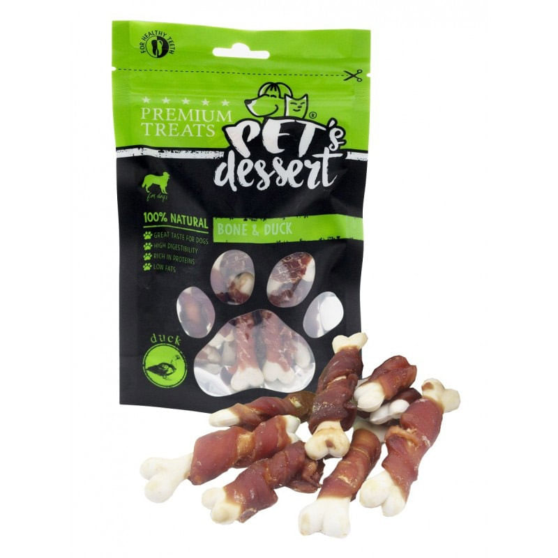 PET'S DESSERT Bone & Duck, XS-XL, Rață, punguță recompense fără cereale câini, 80g - poza 1