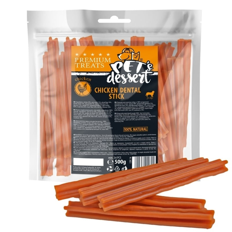 PET'S DESSERT Dental Stick, XS-XL, Pui, punguță recompense fără cereale câini, 500g - poza 1