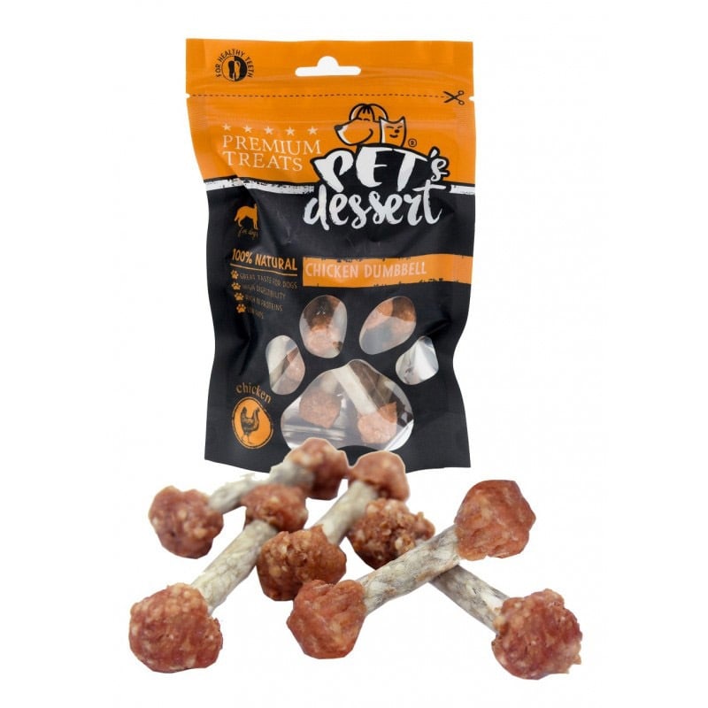 PET'S DESSERT Dumbbell, XS-XL, Pui, punguță recompense fără cereale câini, 80g - poza 1