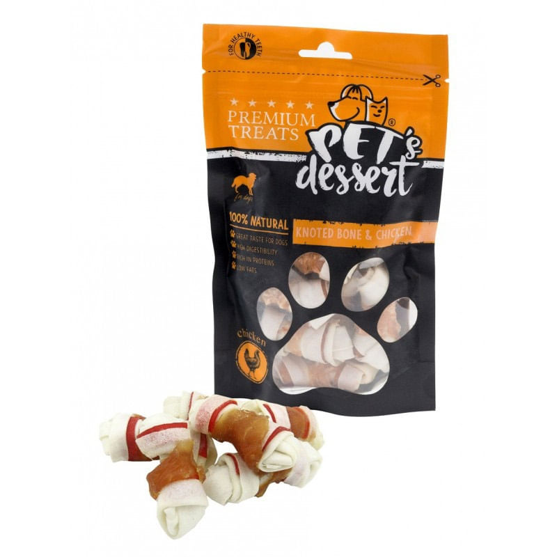 PET'S DESSERT Knoted Bone & Chicken, XS-XL, Pui, punguță recompense fără cereale câini, 500g - poza 1