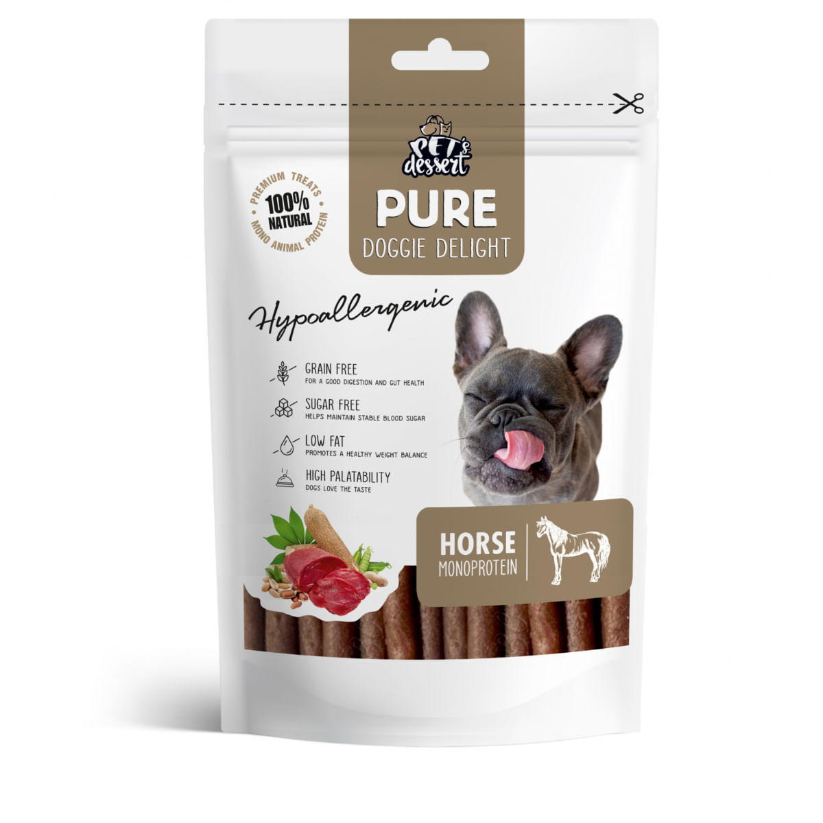 PET'S DESSERT Pure Doggie Delight Hypoallergenic, XS-XL, Cal, punguță recompense monoproteice fără cereale câini, alergii, 80g - poza 2