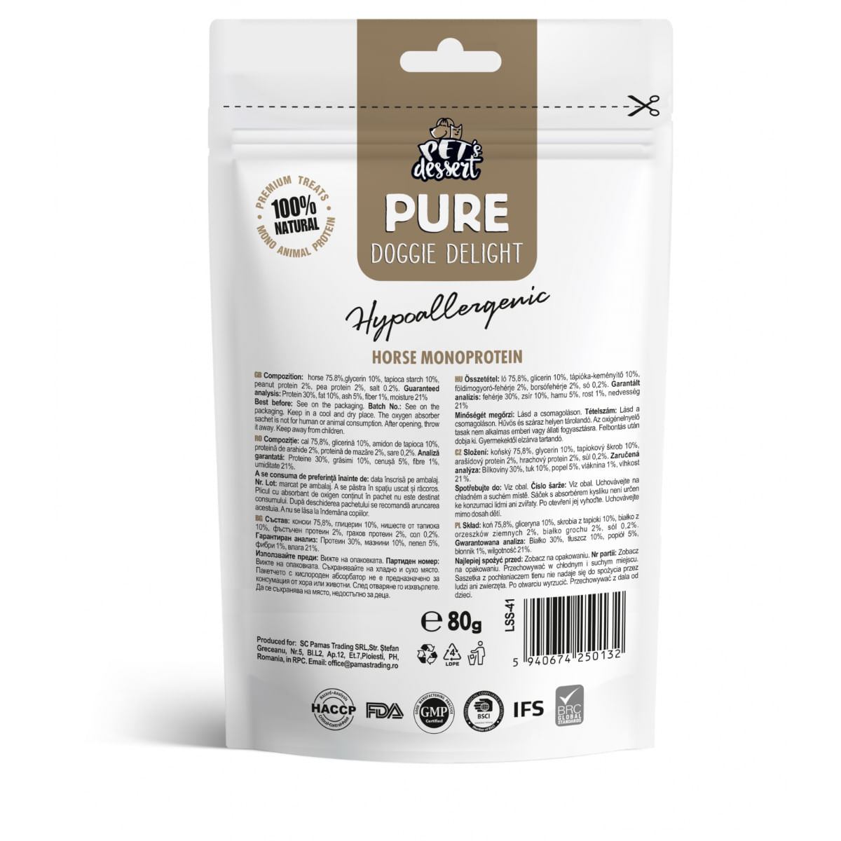 PET'S DESSERT Pure Doggie Delight Hypoallergenic, XS-XL, Cal, punguță recompense monoproteice fără cereale câini, alergii, 80g - poza 3