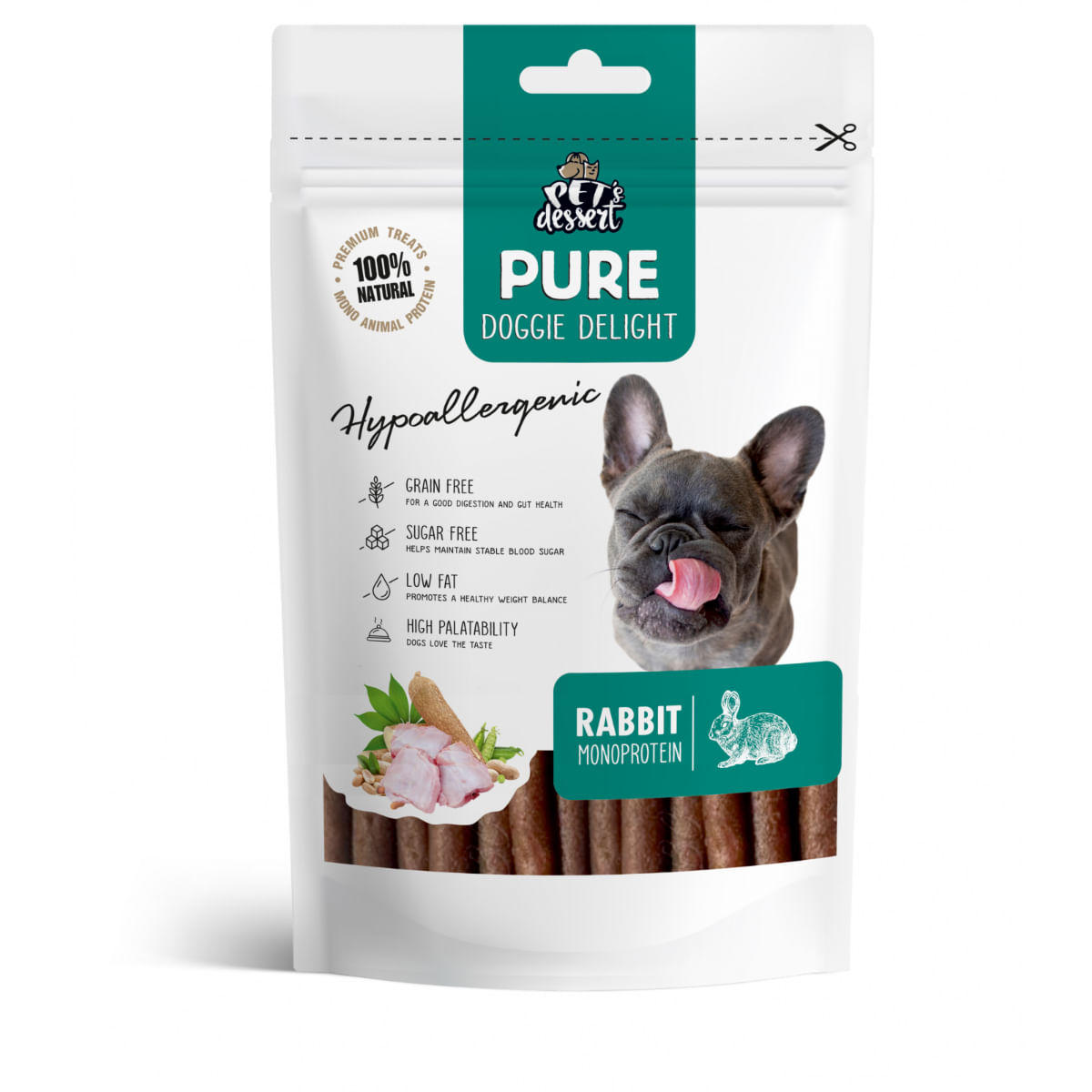 PET'S DESSERT Pure Doggie Delight Hypoallergenic, XS-XL, Iepure, punguță recompense monoproteice fără cereale câini, alergii, 80g - poza 2