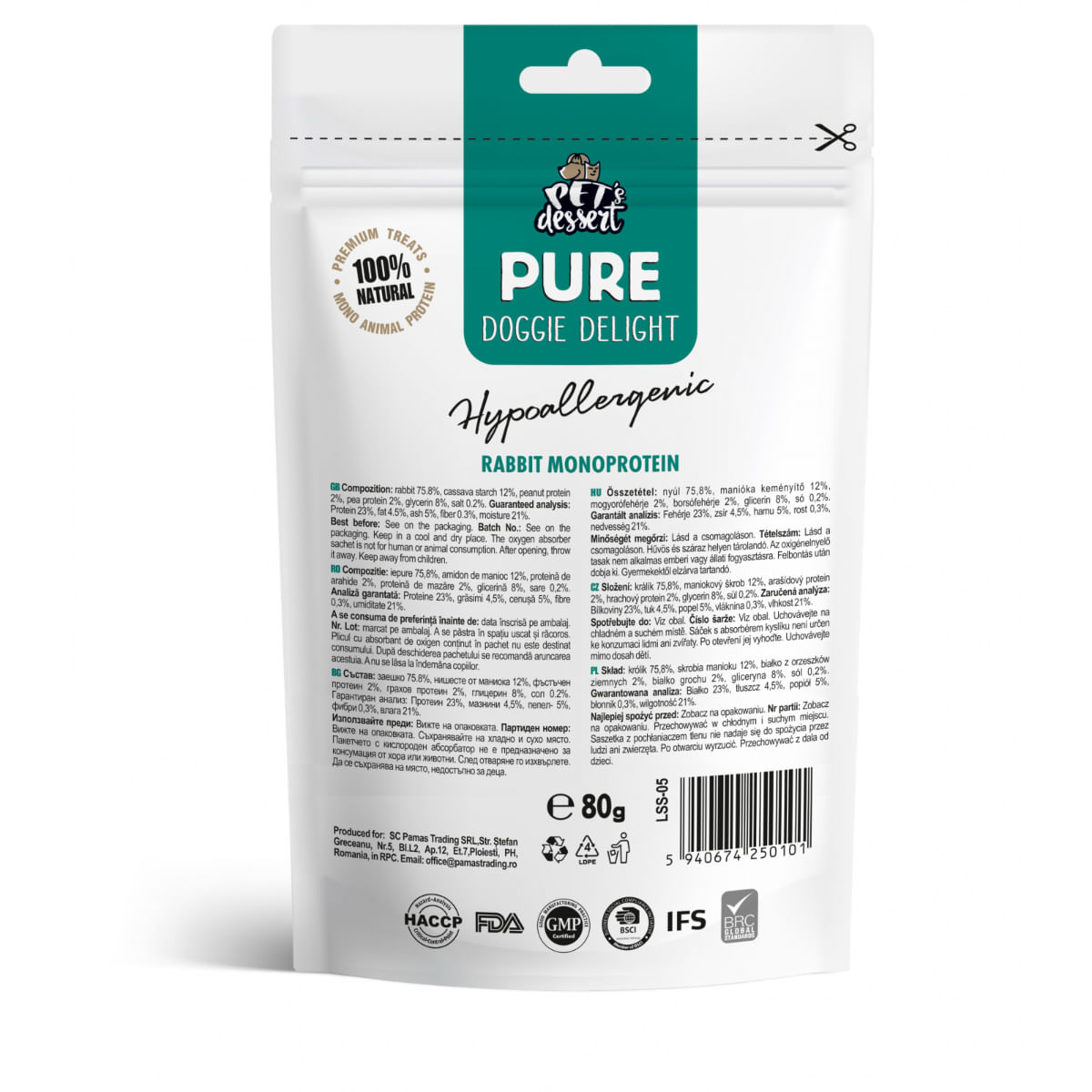 PET'S DESSERT Pure Doggie Delight Hypoallergenic, XS-XL, Iepure, punguță recompense monoproteice fără cereale câini, alergii, 80g - poza 3
