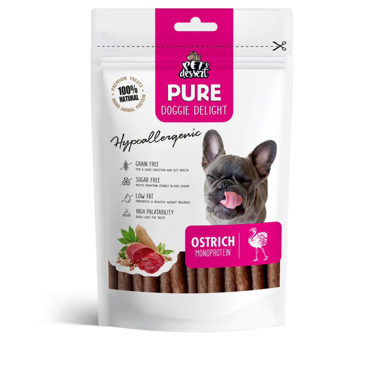 PET'S DESSERT Pure Doggie Delight Hypoallergenic, XS-XL, Struț, punguță recompense monoproteice fără cereale câini, alergii, 80g - poza 2