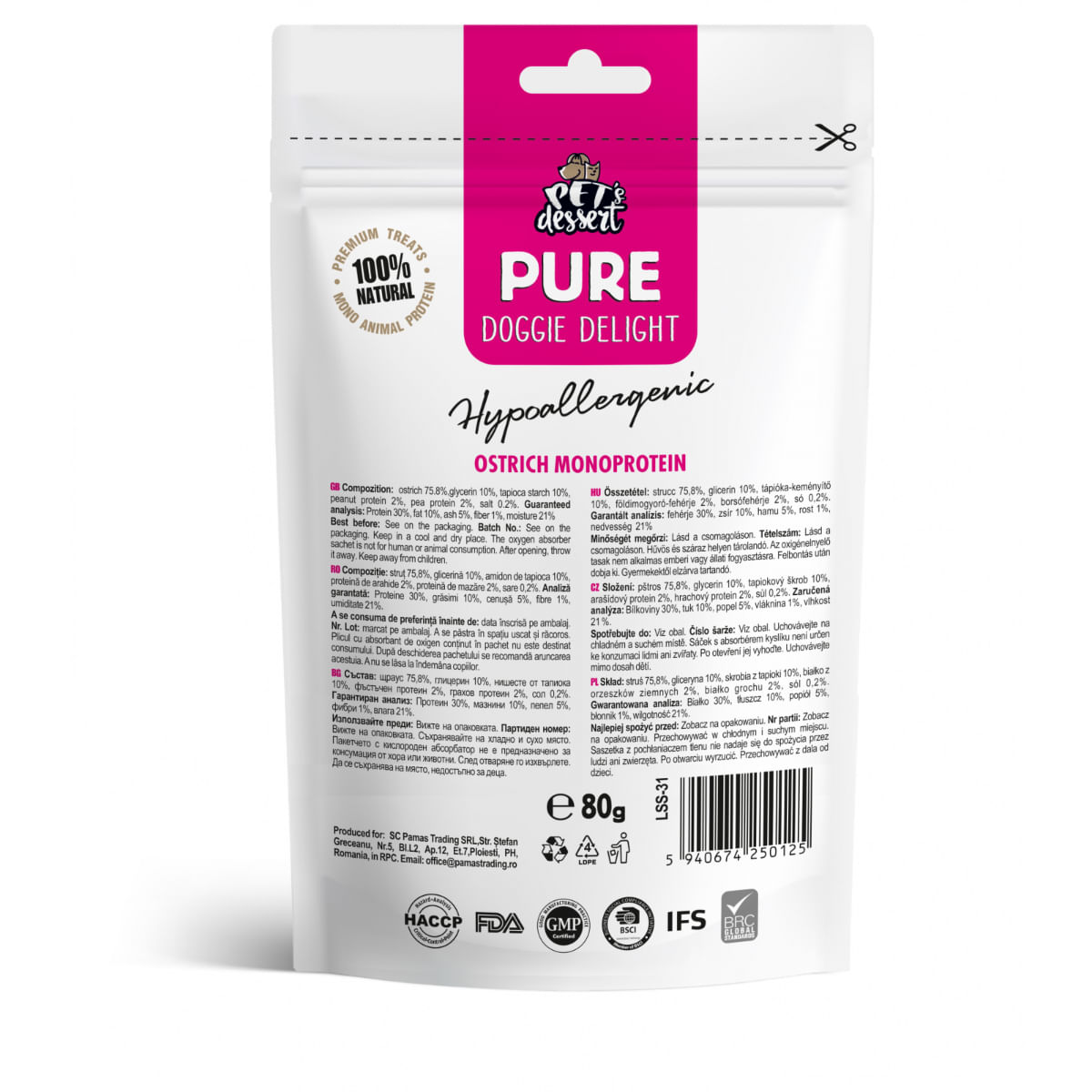 PET'S DESSERT Pure Doggie Delight Hypoallergenic, XS-XL, Struț, punguță recompense monoproteice fără cereale câini, alergii, 80g - poza 3