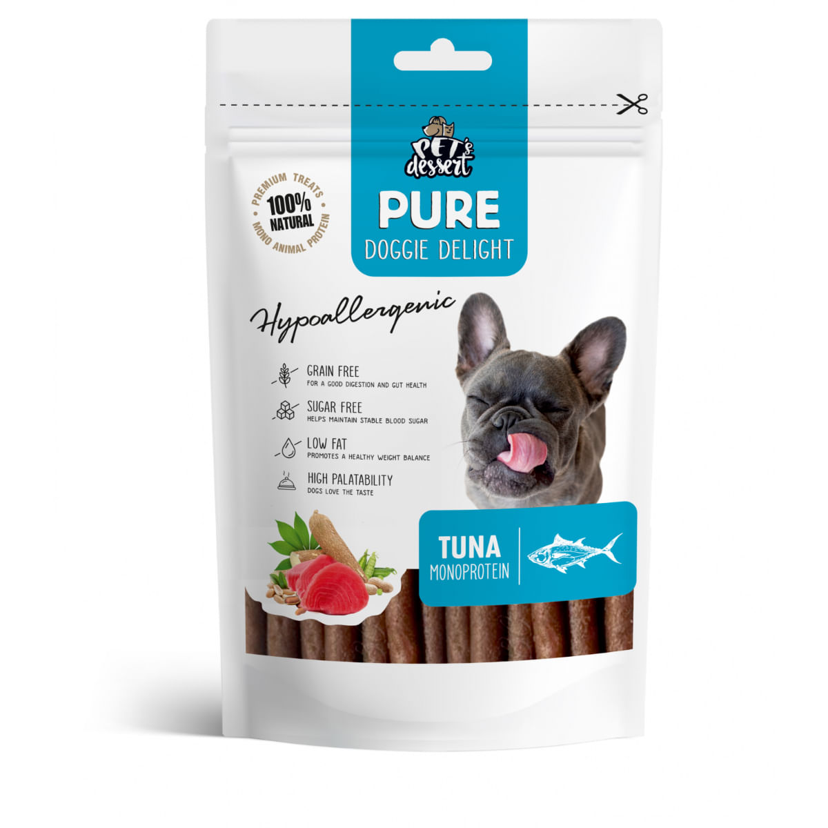 PET'S DESSERT Pure Doggie Delight Hypoallergenic, XS-XL, Ton, punguță recompense monoproteice fără cereale câini, alergii, 80g - poza 1