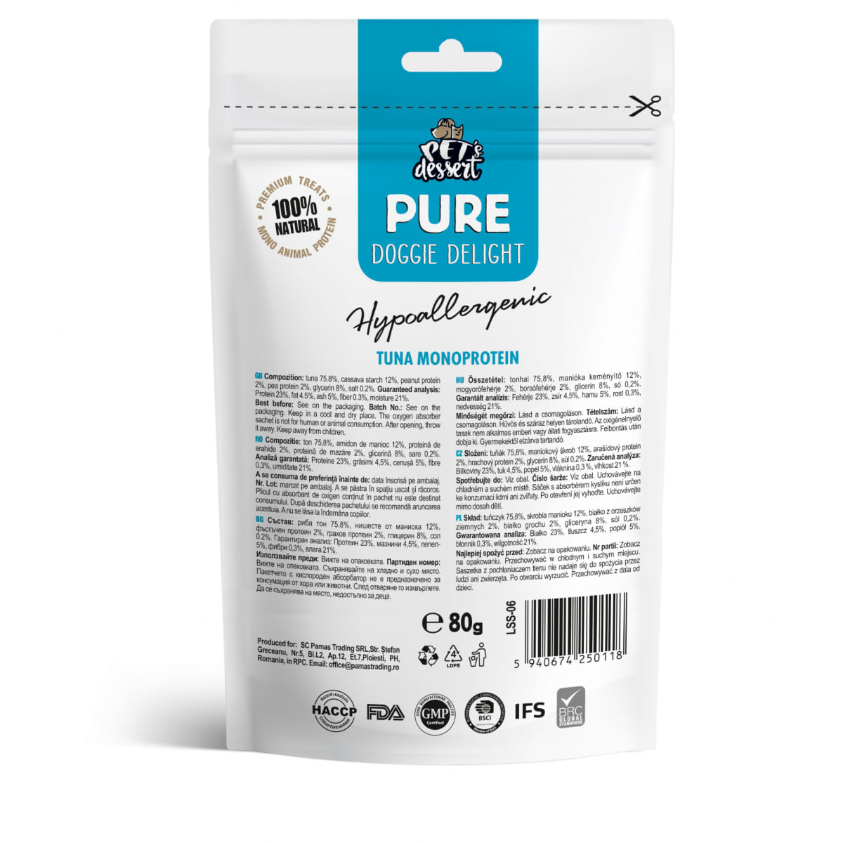 PET'S DESSERT Pure Doggie Delight Hypoallergenic, XS-XL, Ton, punguță recompense monoproteice fără cereale câini, alergii, 80g - poza 3