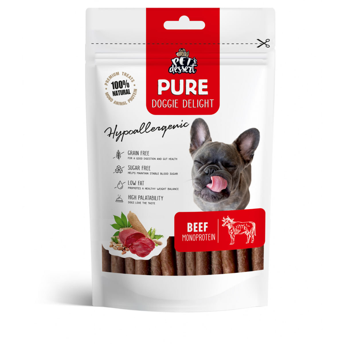 PET'S DESSERT Pure Doggie Delight Hypoallergenic, XS-XL, Vită, punguță recompense monoproteice fără cereale câini, alergii, 80g - poza 1