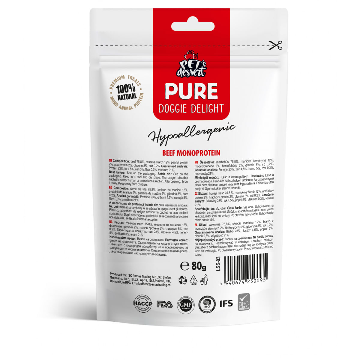 PET'S DESSERT Pure Doggie Delight Hypoallergenic, XS-XL, Vită, punguță recompense monoproteice fără cereale câini, alergii, 80g - poza 3