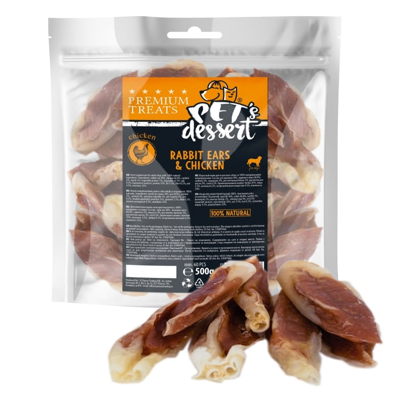 PET'S DESSERT Rabbit Ears & Chicken, XS-XL, Iepure și Pui, punguță recompense fără cereale câini, 500g - poza 2