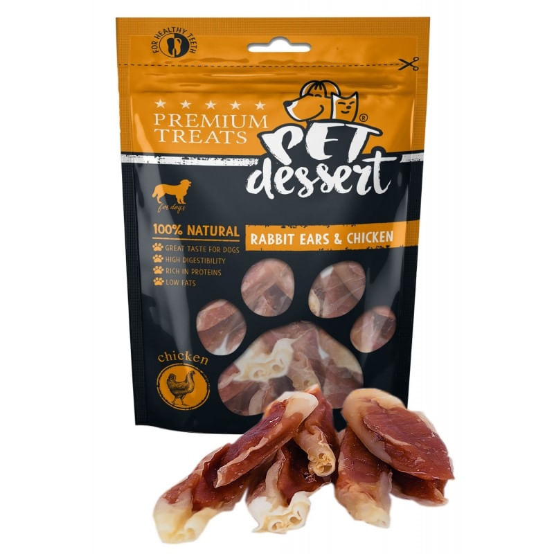 PET'S DESSERT Rabbit Ears & Chicken, XS-XL, Iepure și Pui, punguță recompense fără cereale câini, 80g - poza 2