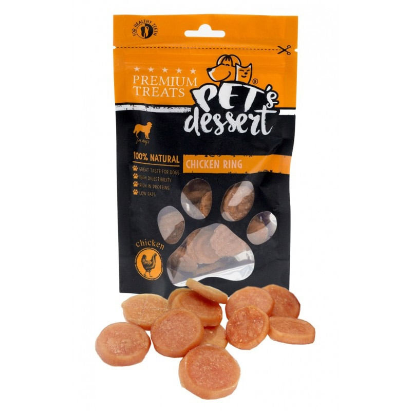 PET'S DESSERT Rings, XS-XL, Pui, punguță recompense fără cereale câini, 80g - poza 2