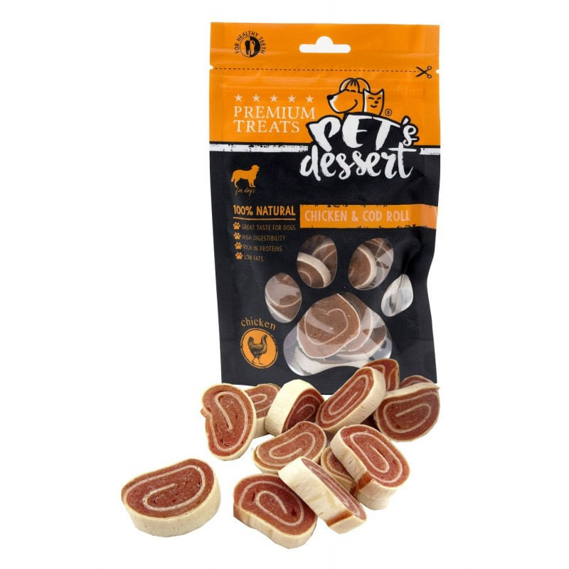 PET'S DESSERT Roll, XS-XL, Pui și Cod, punguță recompense fără cereale câini, 80g - poza 2