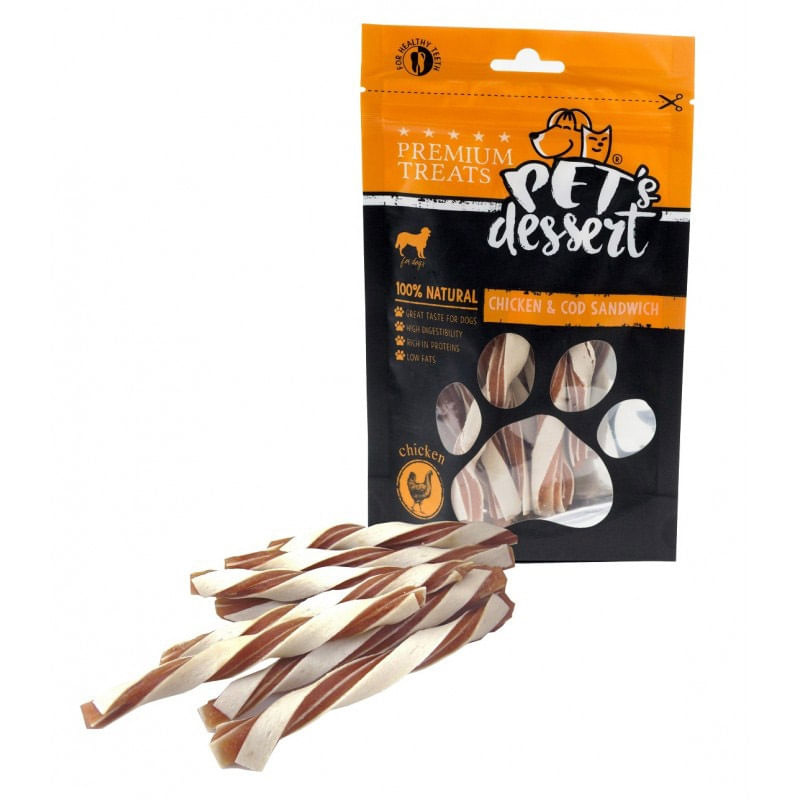 PET'S DESSERT Sandwich, XS-XL, Pui și Cod, punguță recompense fără cereale câini, 80g - poza 2